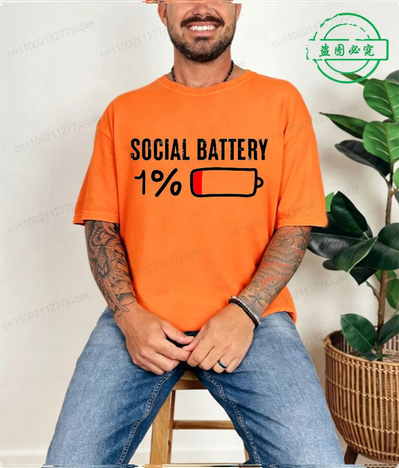 LOR MALE T-shirt for Men Social Battery 1 Percent Funny Introvert T Shirt Men Tops Casual Clothing Oversize Vintage Clothes Trend Tshirt