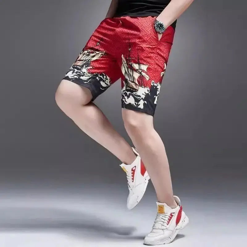 LOR MALE 2026 Summer Trendy Brand Printed Letter Floral Pants Fashionable and Casual 5-point Pants Versatile Men