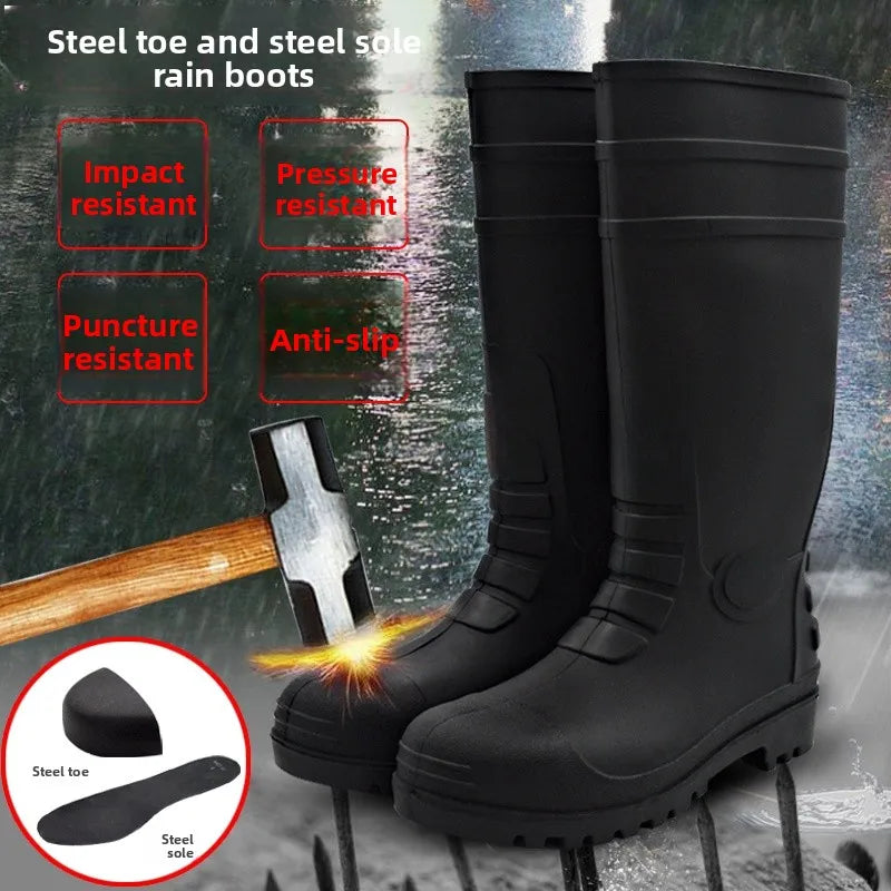LOR MALE Thickened Steel Toe Rain Boots Anti Crush PVC Steel Bottom Labor Protection Boots Construction Site Protection Mining Boots W...