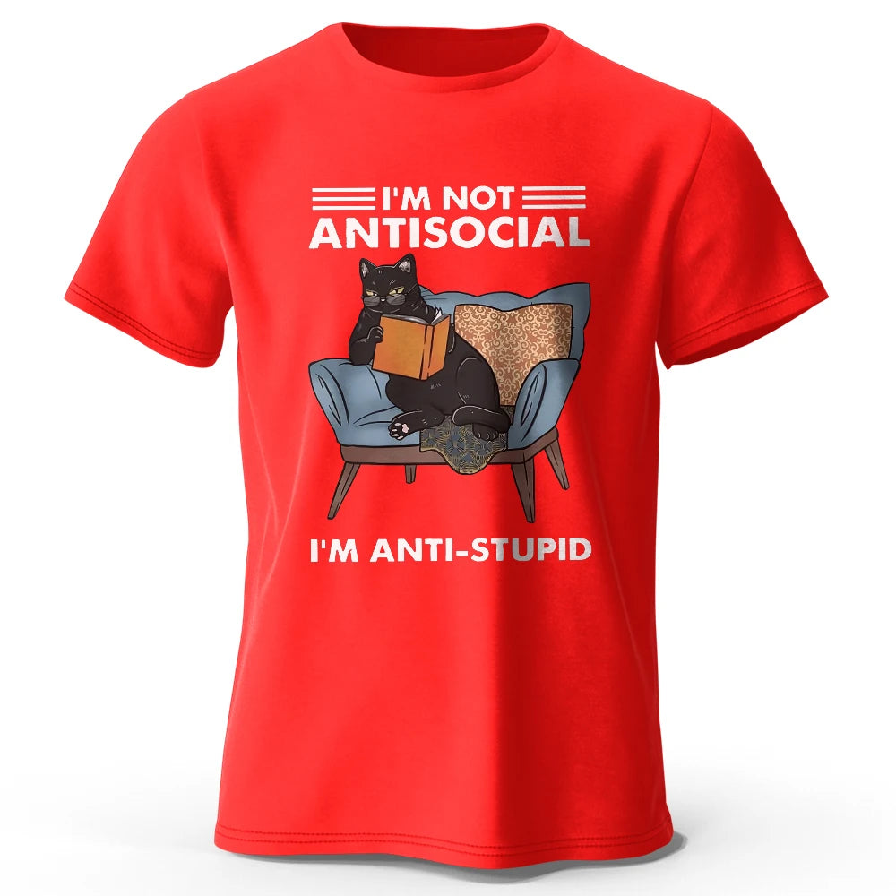 LOR MALE Men's I Am Not Anti Social Printed T-Shirt 100% Cotton Oversized Funny Cat Graphic Tees for Men Women Summer Tops