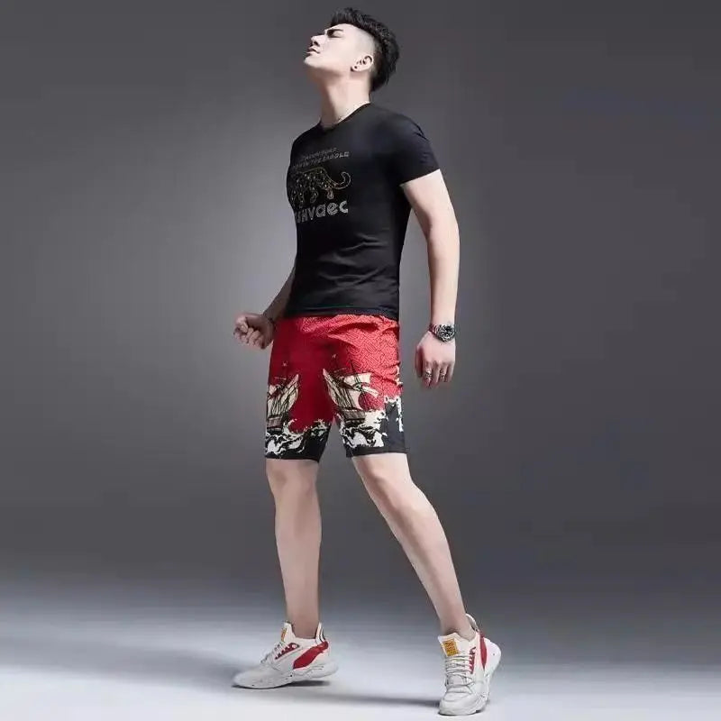 LOR MALE 2026 Summer Trendy Brand Printed Letter Floral Pants Fashionable and Casual 5-point Pants Versatile Men