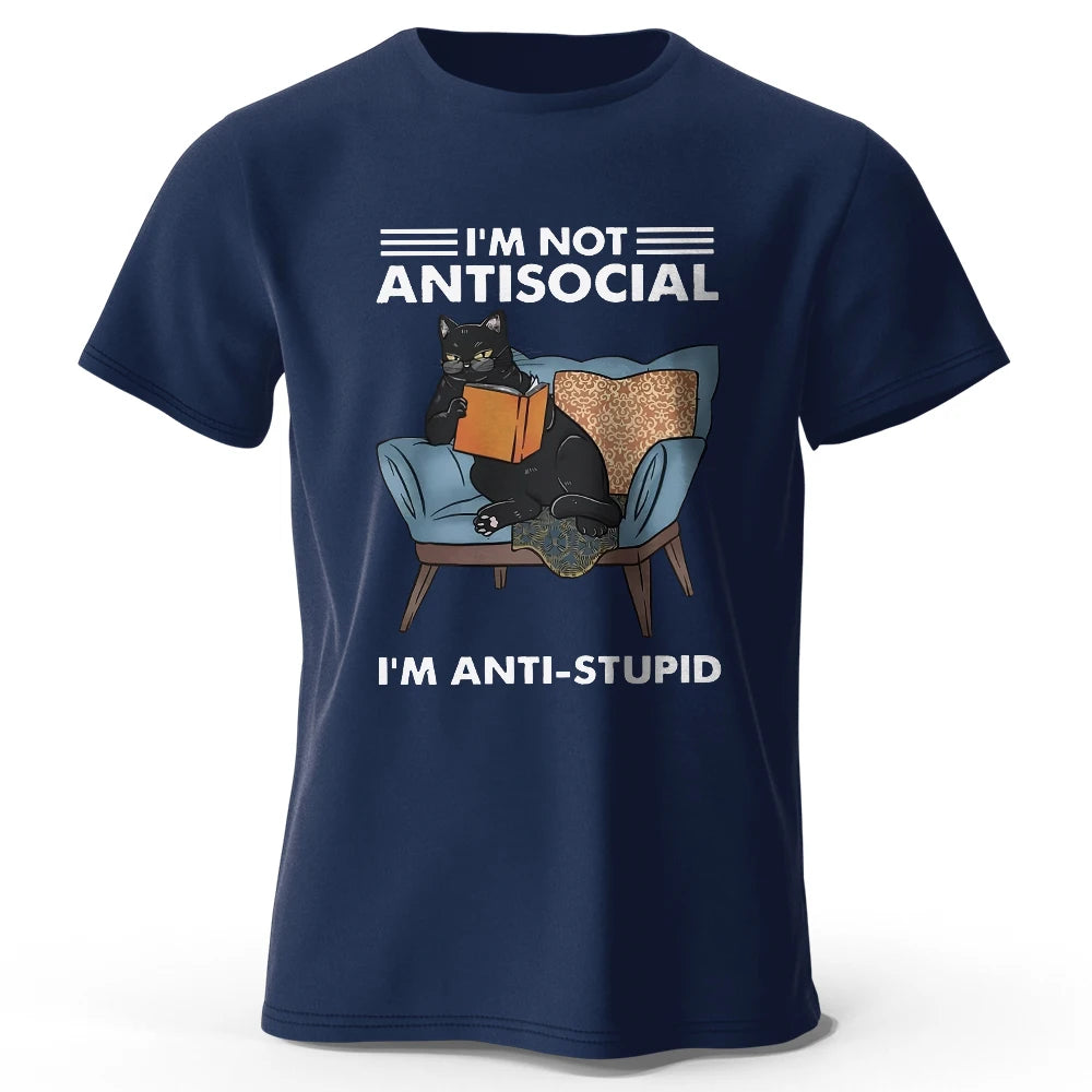 LOR MALE Men's I Am Not Anti Social Printed T-Shirt 100% Cotton Oversized Funny Cat Graphic Tees for Men Women Summer Tops