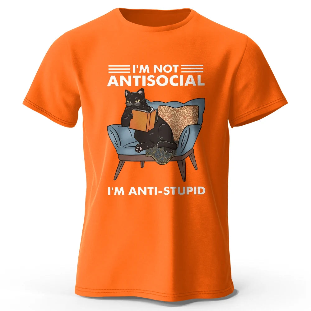 LOR MALE Men's I Am Not Anti Social Printed T-Shirt 100% Cotton Oversized Funny Cat Graphic Tees for Men Women Summer Tops