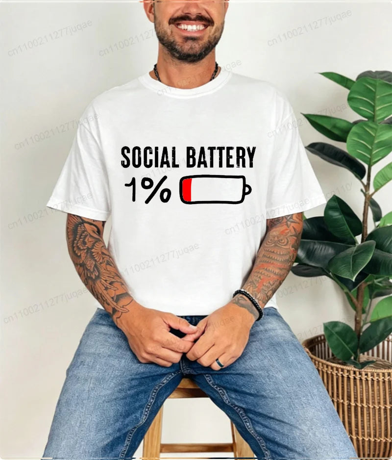 LOR MALE T-shirt for Men Social Battery 1 Percent Funny Introvert T Shirt Men Tops Casual Clothing Oversize Vintage Clothes Trend Tshirt