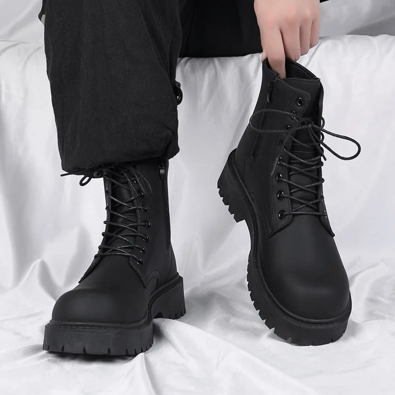 LOR MALE Boots for Men High Quality Casual Leather Boots Fashion Outdoor High Top Booties Black Men's Ankle Boots Fashion Motorcycle Boot