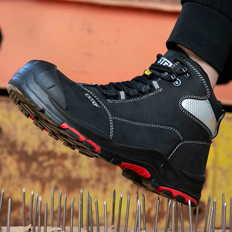 LOR MALE Genuine Leather Men Work Boots Composite Toe Safety Shoes Men Boots Anti-Smash Anti Puncture Security Boots Protection Shoes