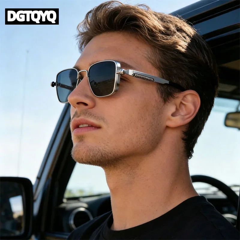 LOR MALE Polarized Sunglasses for Men Anti-UV Driving Glasses Fashion Metal Punk Style Sunglasses with Spring Hinges Women Eyepiece