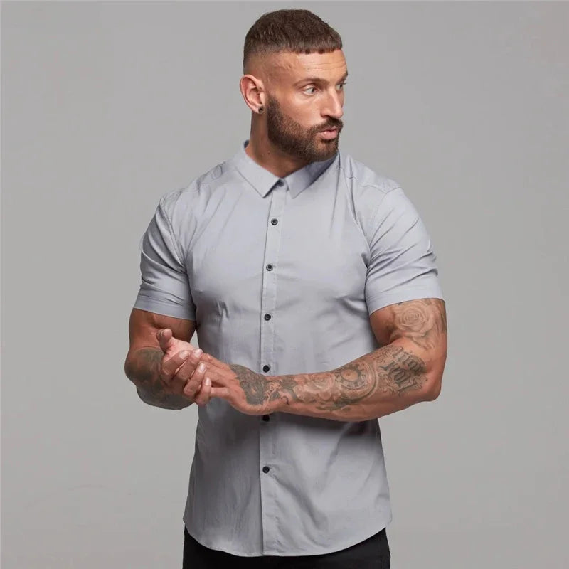 LOR MALE Men's Summer Business Shirt Short Sleeve Turn-down Collar Tuxedo Shirt Fashion Super Slim Fit Male Social Dress Shirt