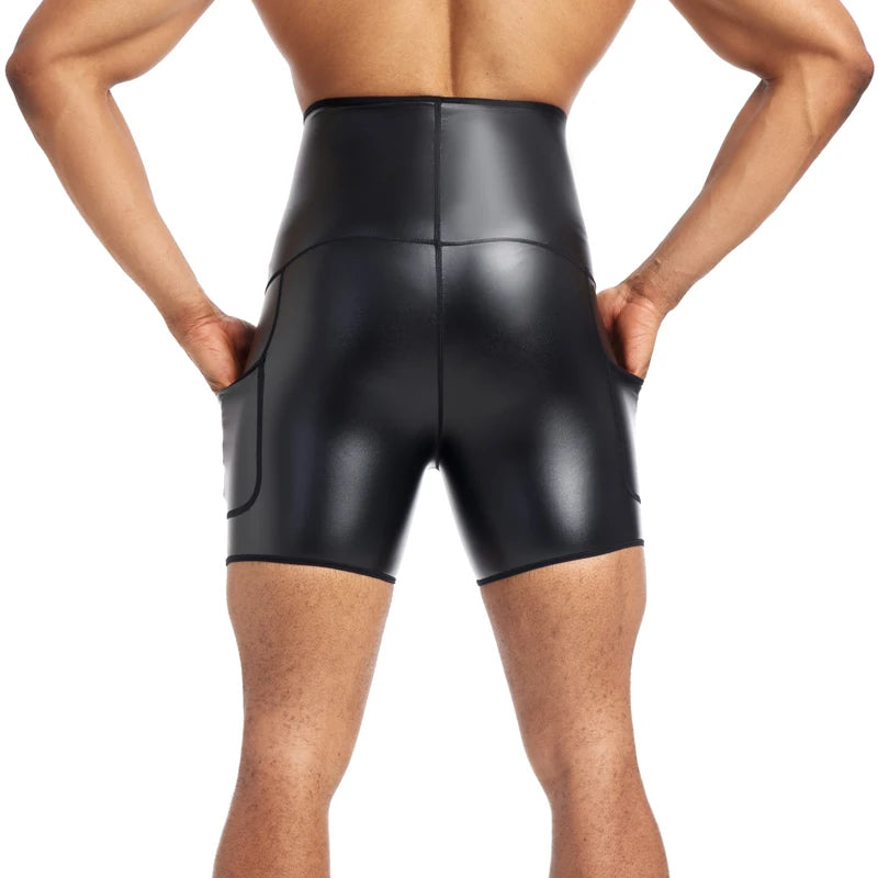 LOR MALE Men Paty Short Pants Men`s New Running Shorts High-waisted Stretch Leather Pants GYM Sport Shorts Fitness Jogging Workout Shorts