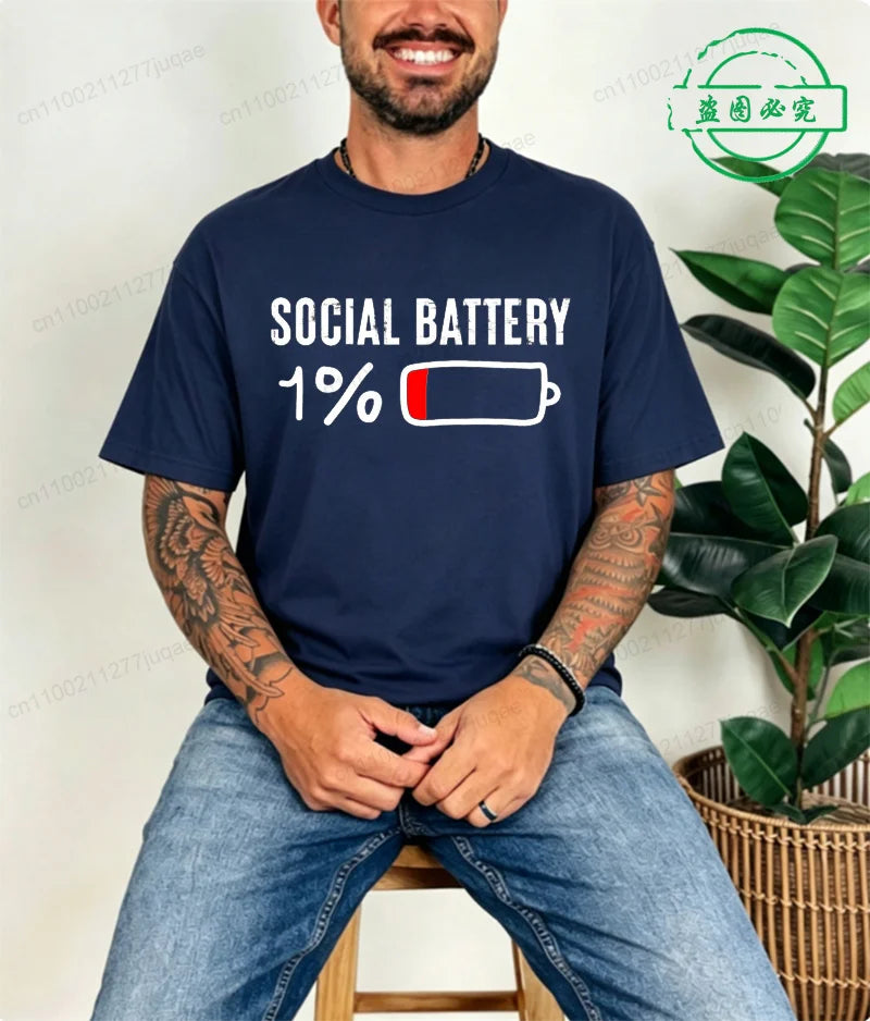 LOR MALE T-shirt for Men Social Battery 1 Percent Funny Introvert T Shirt Men Tops Casual Clothing Oversize Vintage Clothes Trend Tshirt