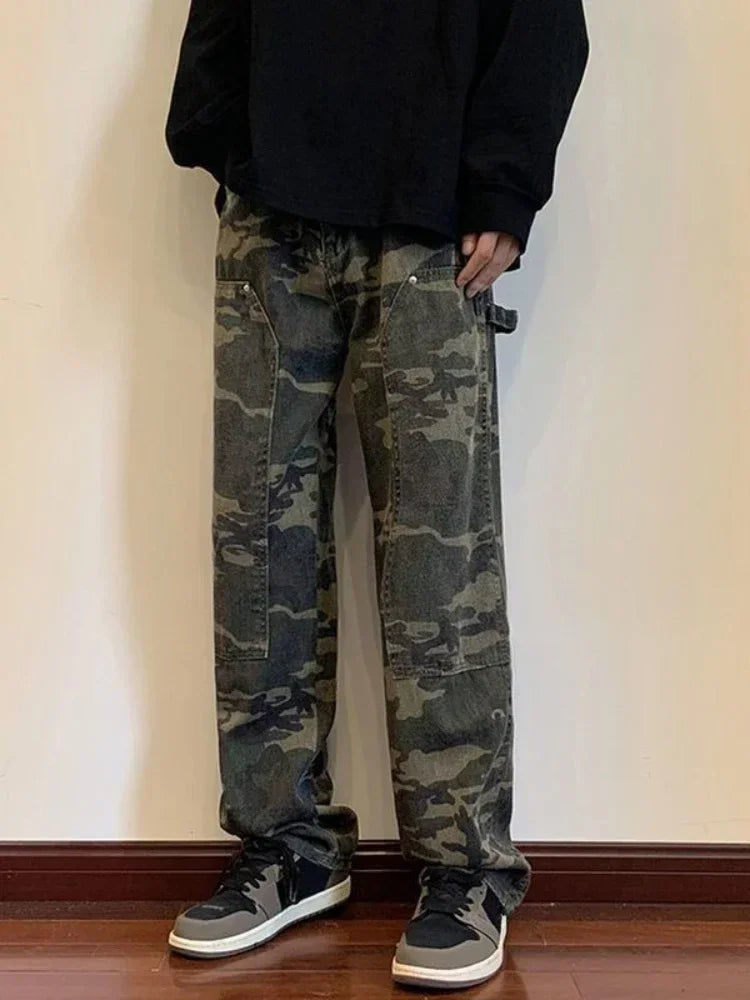 LOR MALE Jeans for Men Spliced Cargo Male Cowboy Pants Camouflage Trousers Punk Straight Xs Y 2k Vintage New in Retro 2025 Trend Baggy