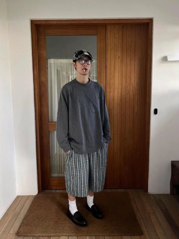 LOR MALE Retro American Grey Green Plaid Casual Shorts Loose Wide Leg Seven-Foot Pants Men Women Summer Trendy Lazy Style Loose Fit