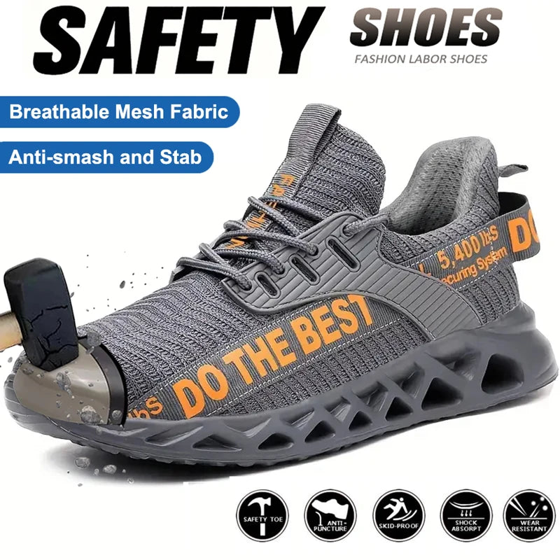 LOR MALE Steel Toe Safety Shoes for Men Lightweight Breathable Work Shoes Grey Anti-Smash Anti-Puncture Work Shoes Comfortable Durable