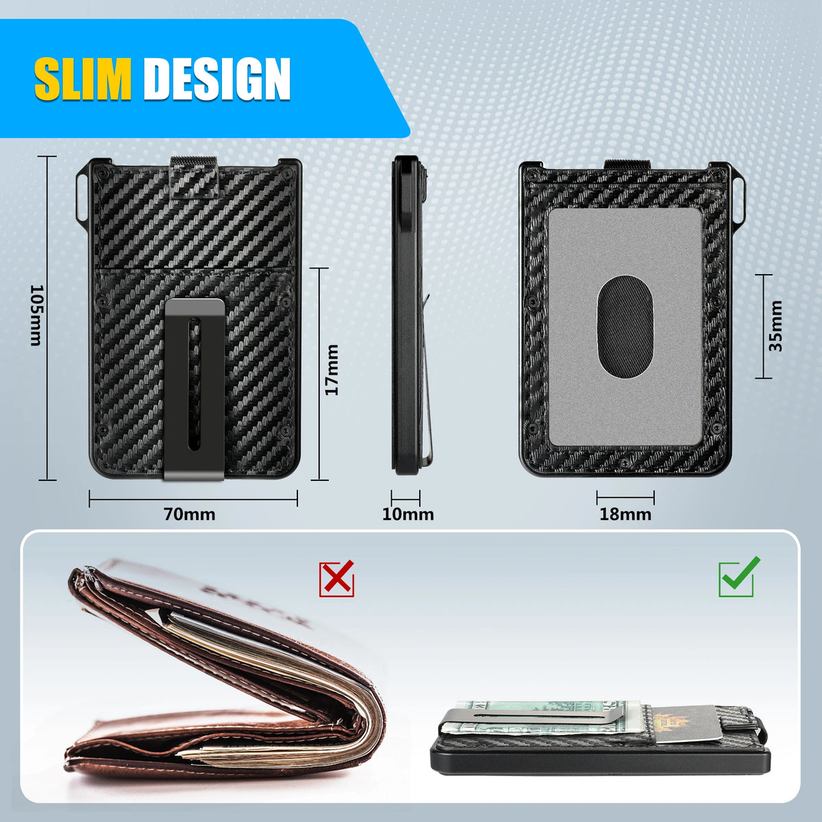 LOR MALE Wallet For Men - Aluminum Slim Carbon Fiber Leather Wallet，Holds up 10 Cards Card Holder with Clear ID Card Holder, Cash Clip