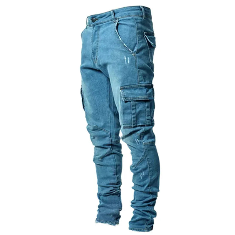 LOR MALE 2026Jeans Men Pants Wash Solid Color Multi Pockets Denim Mid Waist Cargo Jeans Plus Size Fahsion Casual Trousers Male Daily Wear