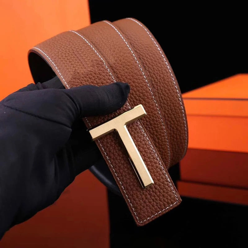 LOR MALE New Men's Luxury Belt High Quality Famous Brand Waistband T Buckle Belt Leather Strap Male Office Business Casual Jeans 3.8cm