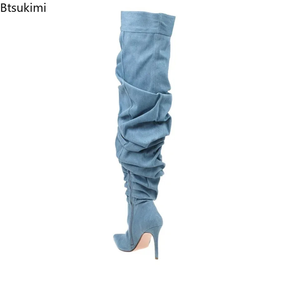 LOR MALE Over The Knee Boots Sexy Pleated Denim Cloth Boots New Solid Color Slip-On Pointy Versatile Patchwork High-heeled Fashion Boots