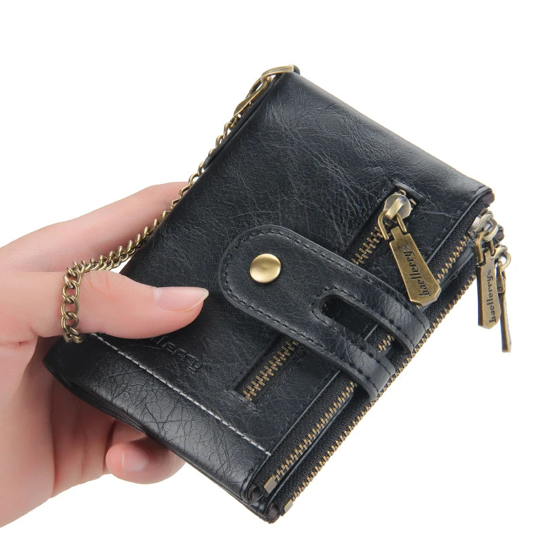 LOR MALE Business Men Wallets Pu Leather Short Card Holder Chain Luxury Brand