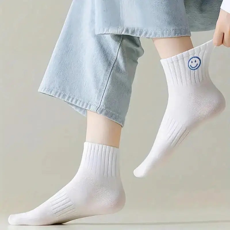 LOR MALE 5 Pairs of Whimsical Cartoon Face Print Short Socks - Soft, Breathable, and Comfortable Polyester Knit Fabric