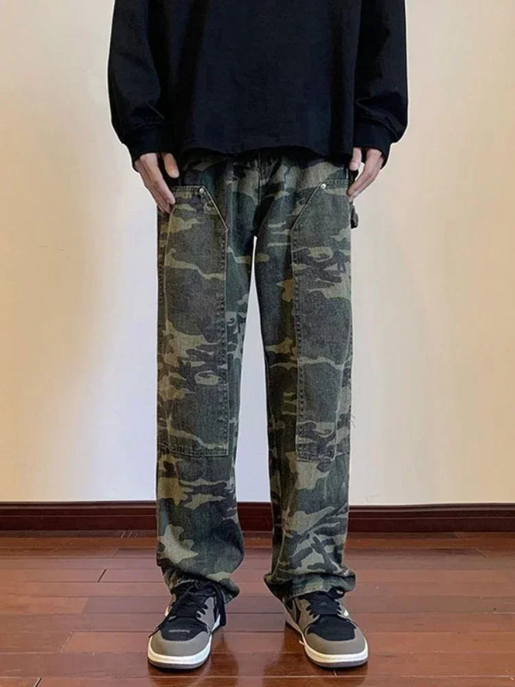 LOR MALE Jeans for Men Spliced Cargo Male Cowboy Pants Camouflage Trousers Punk Straight Xs Y 2k Vintage New in Retro 2025 Trend Baggy