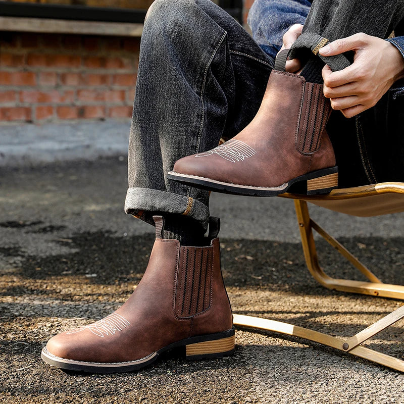 LOR MALE Men's Wide Toe Cowboy Boots Slip On Western Style Outdoor Boots Durable Comfor Leather Ankle Boots Fashion Retro Shoes for Men