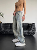 LOR MALE Jeans for Men Loose Light Blue Baggy Straight Man Cowboy Pants Punk Spliced Y2k Vintage Trousers 2025 Korean Autumn Trend Cotton