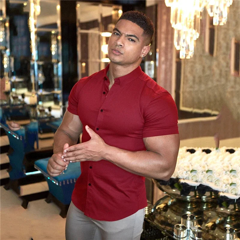 LOR MALE Men's Summer Business Shirt Short Sleeve Turn-down Collar Tuxedo Shirt Fashion Super Slim Fit Male Social Dress Shirt