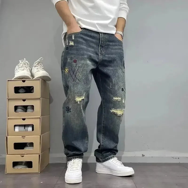 LOR MALE Heavy Duty Washed and Scraped Denim Jeans for Men, Stylish and Stylish, with High-end Embroidered Prints and Loose Tapered Strai