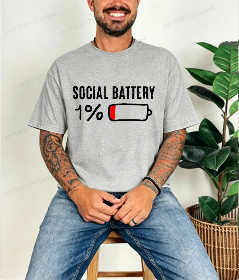 LOR MALE T-shirt for Men Social Battery 1 Percent Funny Introvert T Shirt Men Tops Casual Clothing Oversize Vintage Clothes Trend Tshirt