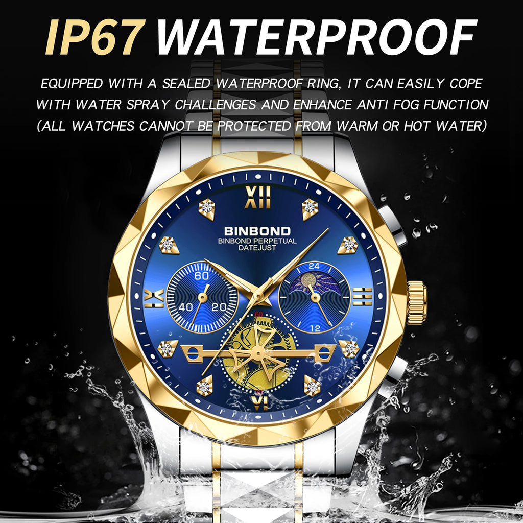 LOR MALE BINBOND Luminous Waterproof Accurate Quartz Watches For Men Chronograph Sturdy Men's Wristwatch Luxury Business Casual Reloj