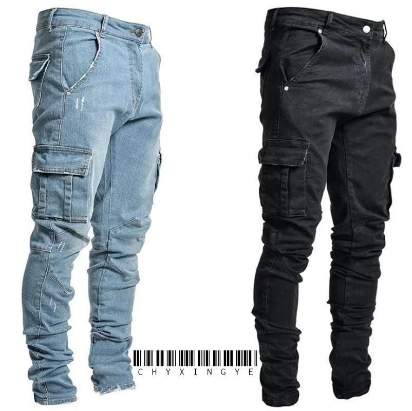 LOR MALE 2026Jeans Men Pants Wash Solid Color Multi Pockets Denim Mid Waist Cargo Jeans Plus Size Fahsion Casual Trousers Male Daily Wear