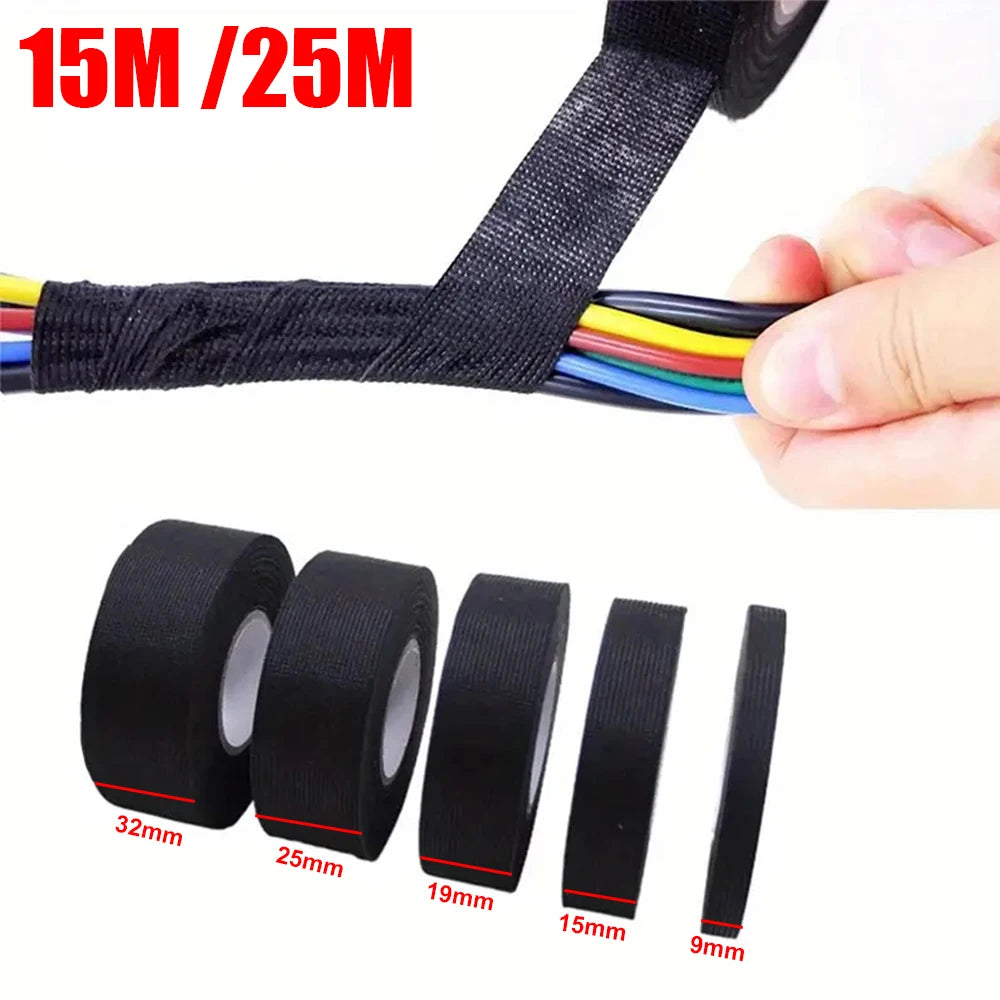 LOR MALE 1-4pcs 15/25M High Temp Wire Harness Wrapping Tape Self-Adhesive Automotive Wiring Harness Fabric Tape for Car Noise Damping