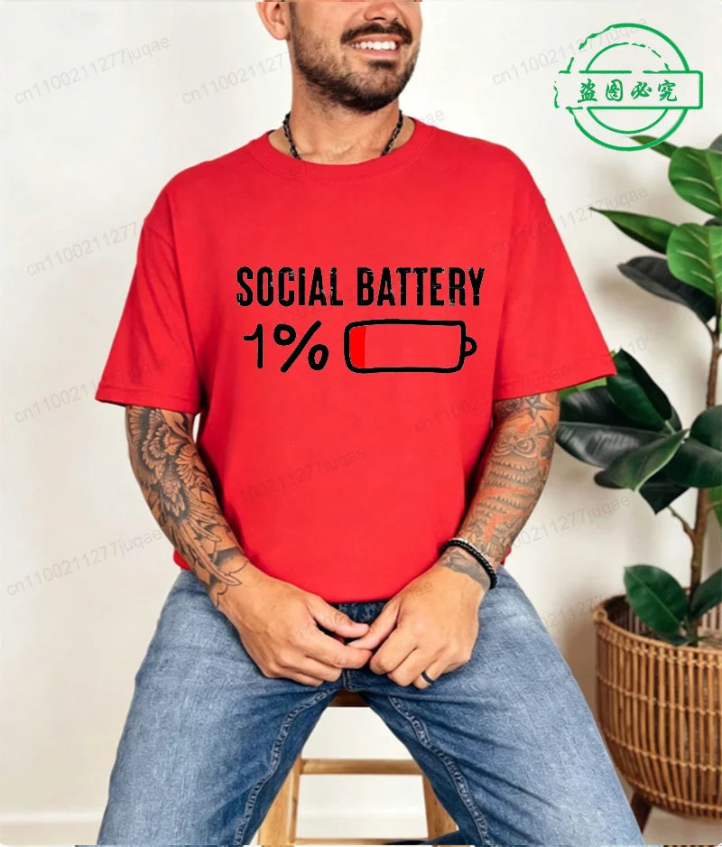LOR MALE T-shirt for Men Social Battery 1 Percent Funny Introvert T Shirt Men Tops Casual Clothing Oversize Vintage Clothes Trend Tshirt