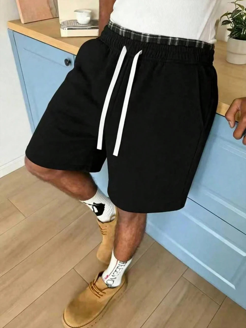 LOR MALE Men's Summer Casual Shorts: Elastic waistband with drawstring, loose fit suitable for fitness, running, and sporty street style