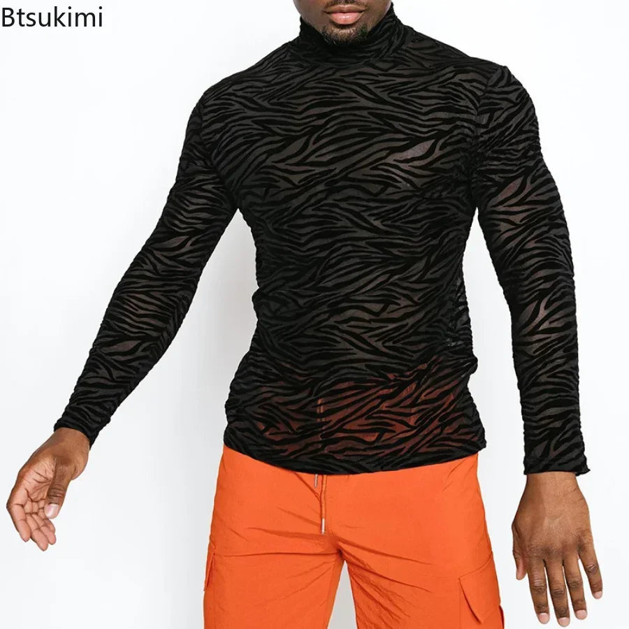 LOR MALE Men's T Shirt Perspective Turtleneck Long-sleeved Lace Tight Fitting T-shirt for Men Streetwear Bottoming Shirt Inside Male Tops