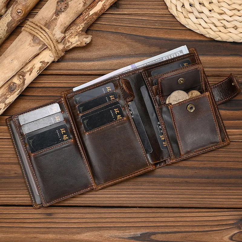 LOR MALE High Quality Genuine Leather Card Wallet Men Women RFID Genuine Leather Short Wallet Multi Cards Slots Button Man Purse