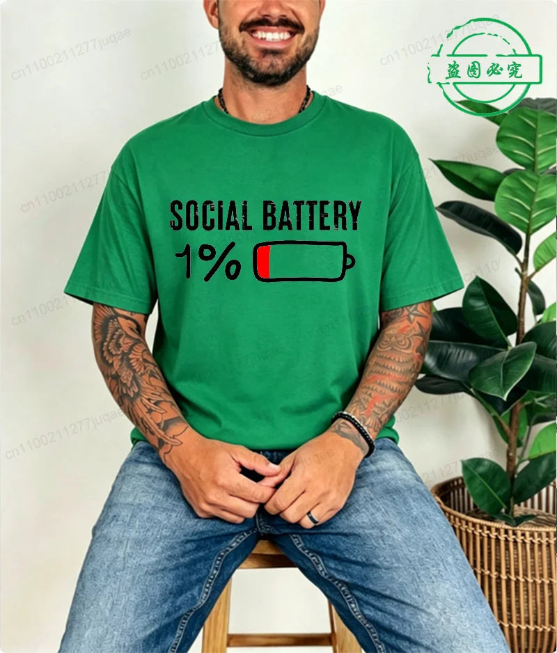 LOR MALE T-shirt for Men Social Battery 1 Percent Funny Introvert T Shirt Men Tops Casual Clothing Oversize Vintage Clothes Trend Tshirt