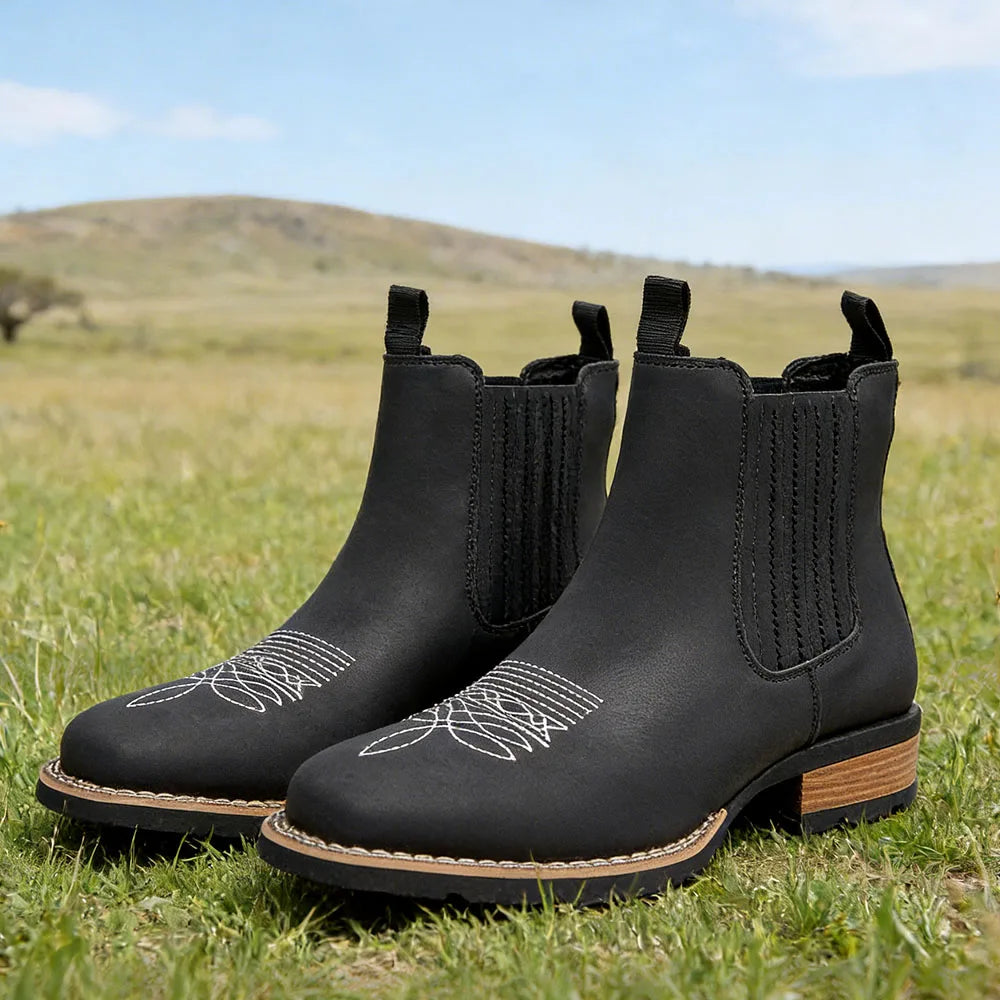 LOR MALE Men's Wide Toe Cowboy Boots Slip On Western Style Outdoor Boots Durable Comfor Leather Ankle Boots Fashion Retro Shoes for Men