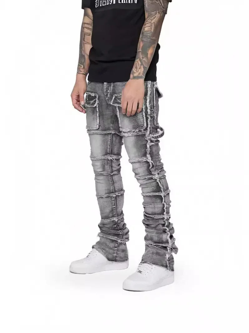 LOR MALE 2025 New Trendy Men Jeans, European and American Fashionable Workwear with Patch, Elastic, Laminated and Slightly Flared Men Den