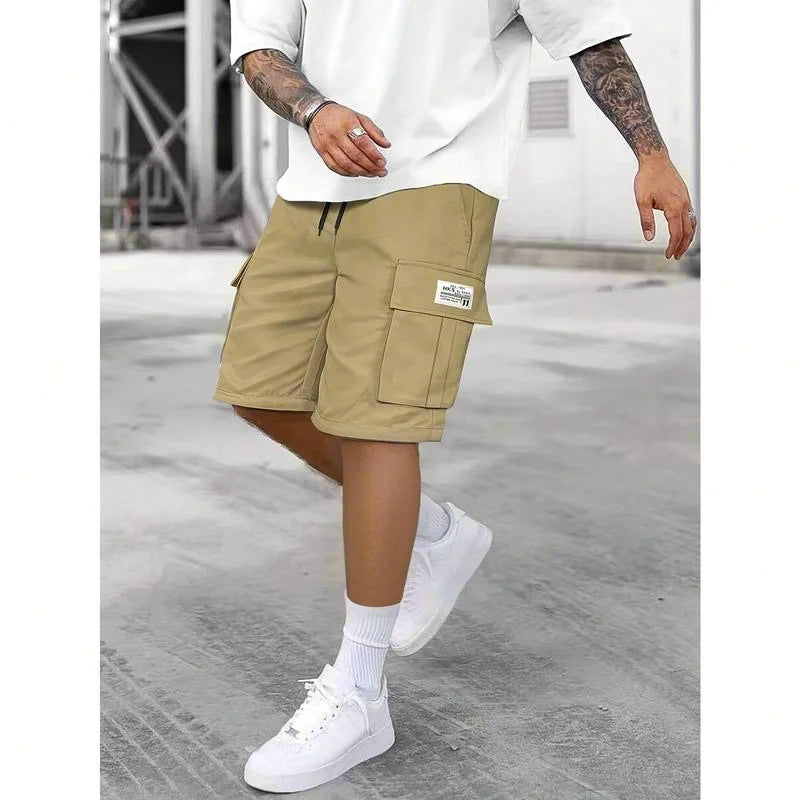 LOR MALE Men's work shorts; summer comfort; multi-pocket; outdoor leisure sport beach pants; elastic waistband