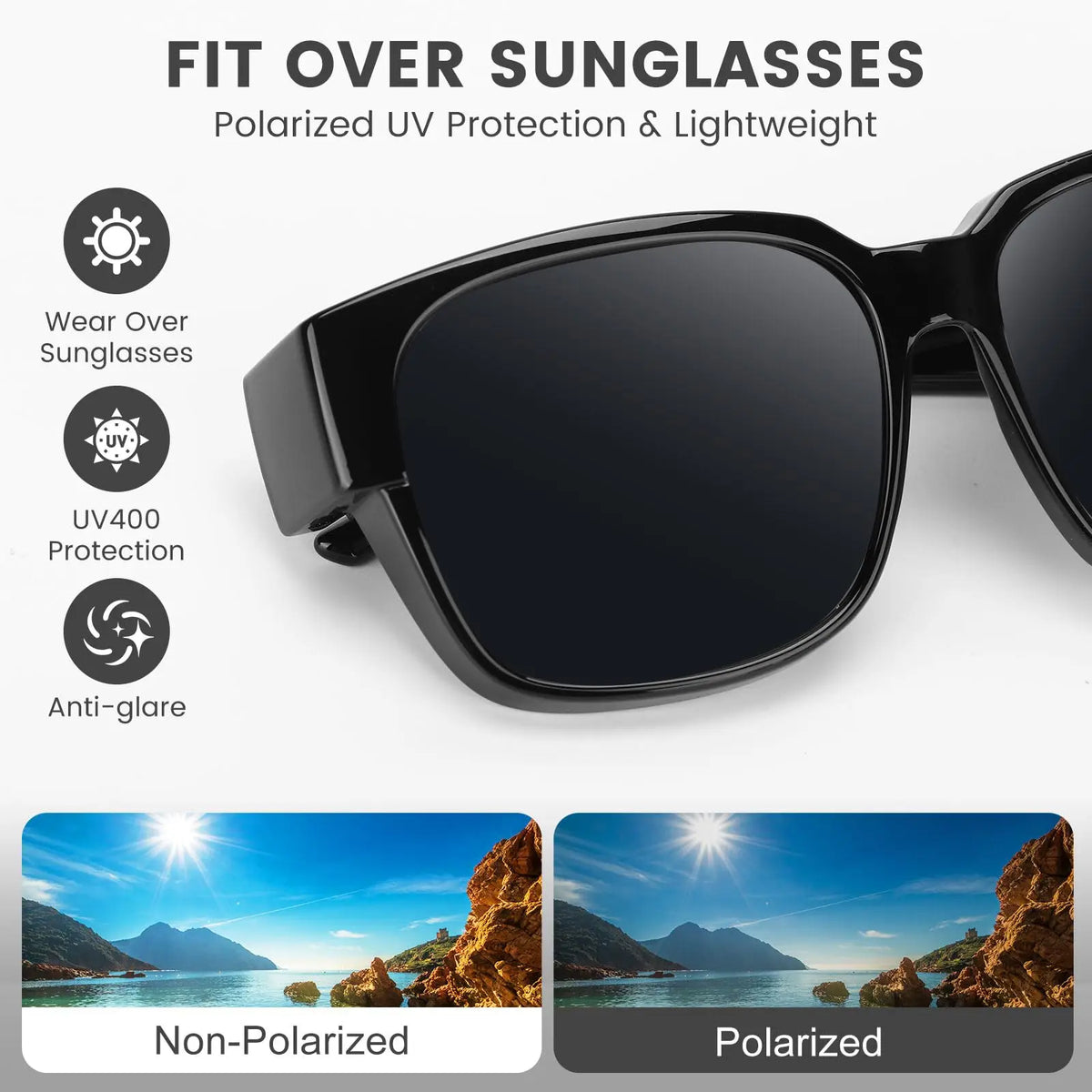 LOR MALE Polarized Fit Over Sunglasses for Men & Women - Oversized Square UV400 Protection Shades, Ultra Lightweight