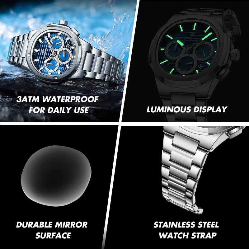 LOR MALE PAAZOMUTop High Quality Man Watch Luminous Waterproof Stainless Steel Men Clock Date Chronograph Quartz Business Men's Watches
