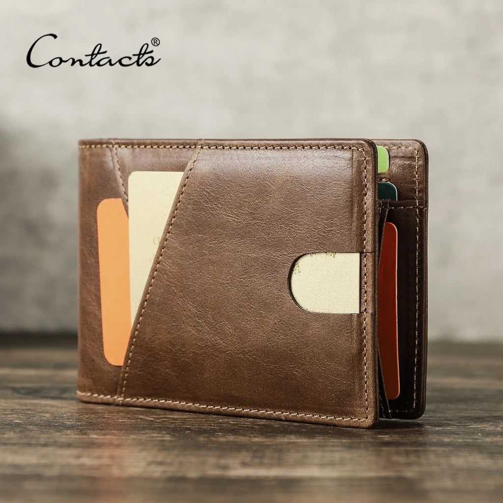 LOR MALE Men's Genuine Leather RFID Wallet, Ultra-thin Slim Bifold Design, Card Holder with Money Clip, Vintage High Quality Purse