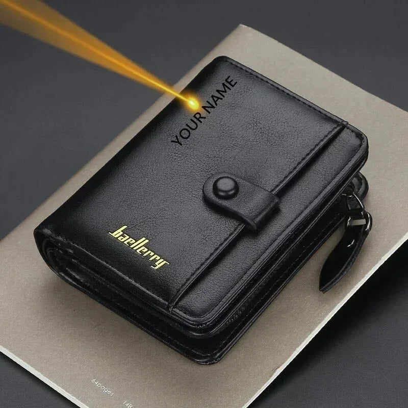 LOR MALE Custom Engrave Name High Quality Man Short Wallets Personalized Name Zipper Coin Pocket Wallet Christmas Father's Day Gift