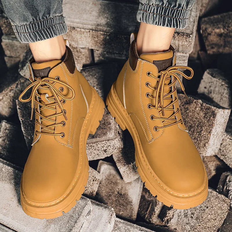 LOR MALE Men's high top boots four season outdoor work shoes anti slip and comfortable yellow boots fashion British casual leather boots