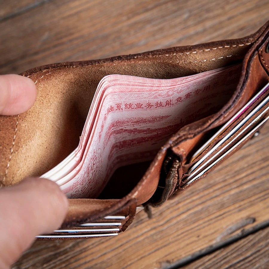 LOR MALE GURO High Quality Men Genuine Leather Wallet Vintage Bifold Money Clip Credit Card Holder Luxury Design with Zipper Coin Pocket