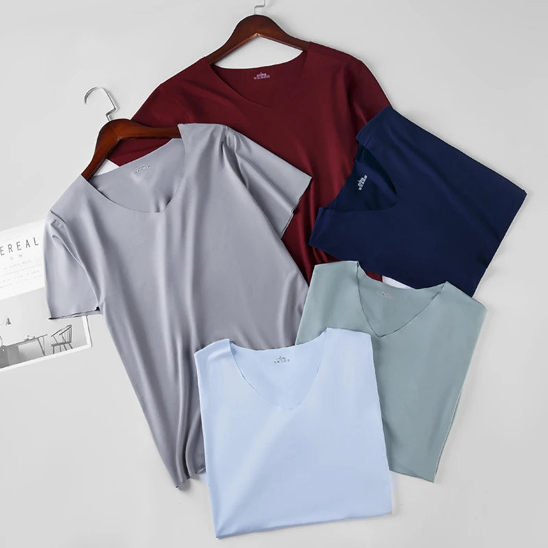 LOR MALE Men's Thin Short Sleeve Without Summer Solid Color T shirt Trace Slim V-neck Bottoming Seamless short sleeve