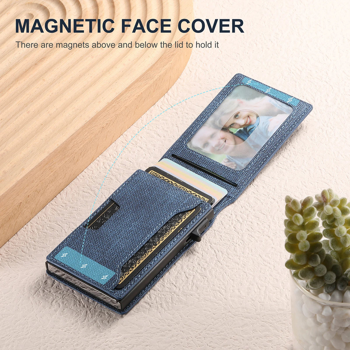LOR MALE Push-out Card High Quality Faux Leather Card Holder Wallet Holder Large Capacity Can Hold 1-12 Cards 1 Photo Black/Brown/Blue