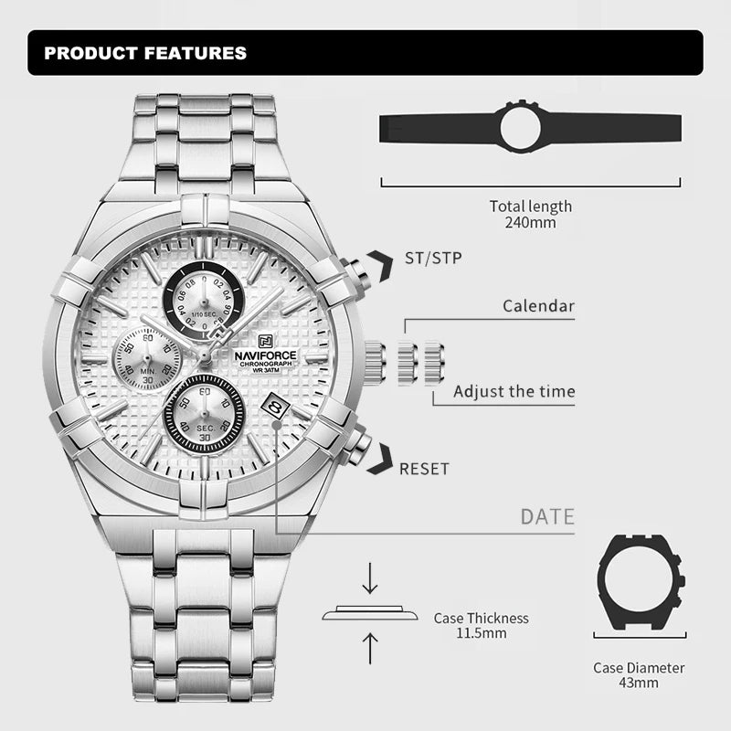 LOR MALE NAVIFORCE Business Men's Quartz Chronograph Elegant Wild Waterproof Date Display Male Wristwatch High Quality Man Watches NF8042