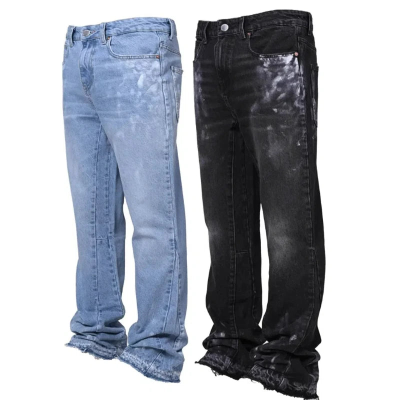 LOR MALE Men's Fashion Jeans Work Pants, European and American Fashion Workwear Elastic Patchwork Denim Layered Flared Pants S-XXL